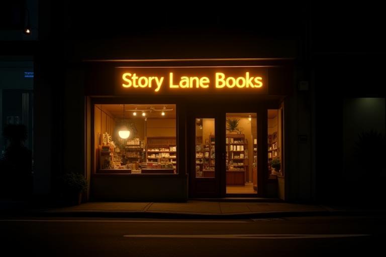 Exterior photo of Story Lane Books at night, showing the warm light from inside and the signage